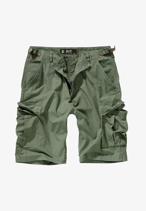 Shorts cargo vert olive en tissu résistant, dotés de deux poches latérales, fermeture par bouton, coupe décontractée, associés à des baskets noires.