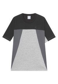 Camiseta de hombre de manga corta con cuello redondo, parte superior negra, laterales gris oscuro y panel central frontal gris claro, logo de Champion en el pecho y la manga.