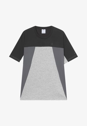 Męska koszulka z krótkim rękawem, okrągłym dekoltem, z czarną górną częścią, ciemnoszarymi bokami i jasnoszarym środkowym panelem z przodu, logo Champion na klatce piersiowej i rękawie.