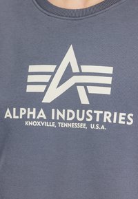 Grijze trui met een wit grafisch logo met de tekst "ALPHA INDUSTRIES" en "KNOXVILLE, TENNESSEE, U.S.A." in een vetgedrukt lettertype.