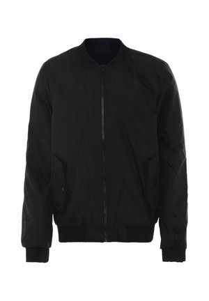 Schwarze Bomberjacke mit einem Reißverschluss an der Vorderseite, seitlichen Taschen, gerippten Bündchen und einer glatten Stofftextur. Klassischer Stil und entspannter Schnitt.