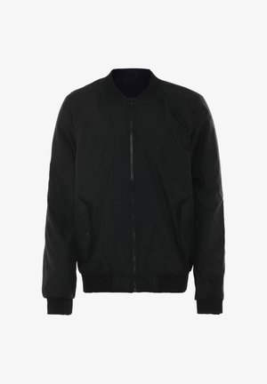Fekete bomber dzseki elülső cipzárral, oldalsó zsebekkel, bordázott mandzsettákkal és sima textúrával. Klasszikus stílus és laza szabás.