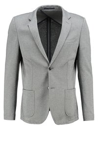 Harmaa bleiseri, joka on valmistettu teksturoidusta kankaasta. Siinä on yksittäinen napin sulku, kaksi etutaskua ja muotoiltu malli, jossa on lovipielekkeet.