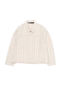 White jacket with thin vertical black stripes, collar, buttoned front, and two large front pockets, laid flat on a white background.