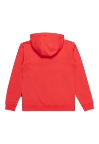 Felpa rossa con cappuccio regolabile, tessuto leggermente texture, polsini a costine e tasca a marsupio, con etichetta logo sul lato della cucitura.