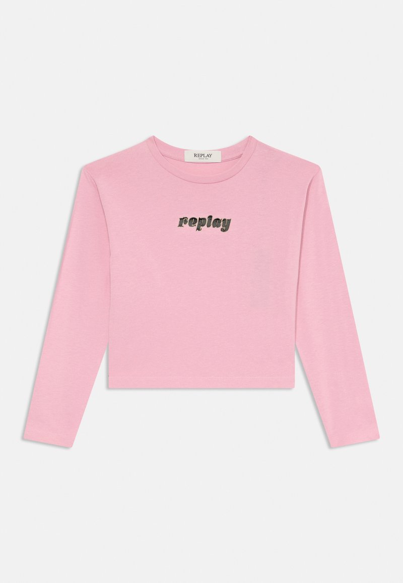 Rosa langermet cropped sweatshirt laget av myk stoff, med en "replay" logo i en mørkere farge over brystet. Enkel og uformell design.