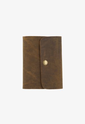 Brown leather wallet with a smooth texture, rounded corners, and a flap closure secured by a brass snap button.