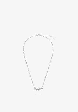 Silberne Halskette mit einer zarten Kette und fünf mittig angeordneten, abgerundeten Perlenakzenten, polierte Oberfläche mit Karabinerverschluss und Verlängerungskette.