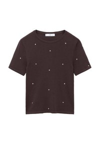 T-shirt marrone a maniche corte realizzato in tessuto morbido, con piccoli dettagli in perle sparse sulla parte frontale e scollo rotondo.