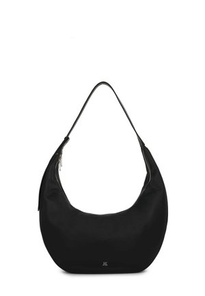 Black hobo bag made of smooth leather with a curved shape, slim shoulder strap, and a zip closure along one side. Subtle branding at the base.