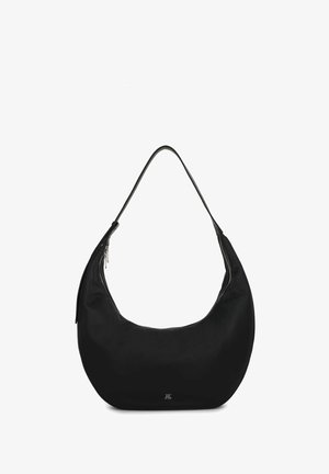 Fekete hobótáska sima bőrből készült, ívelt formával, karcsú vállpánttal és cipzáras záródással az egyik oldalon. Diszkrét márkajelzés az alján.