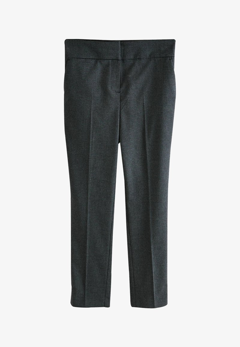Pantaloni su misura in grigio scuro con un piccolo motivo a quadretti. Davanti piatto, due tasche, lunghezza alla caviglia, realizzati in un tessuto liscio.