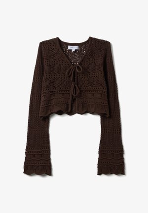 Dunkelbrauner gehäkelter, kurz geschnittener Cardigan mit langen, ausgestellten Ärmeln und zwei vorderen Bindebändern, mit strukturierten, gemusterten Details.