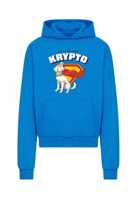 Felpa blu realizzata in tessuto morbido, caratterizzata da una grafica di un cane bianco con un mantello rosso, il testo "KRYPTO" e un logo di Superman giallo e rosso.