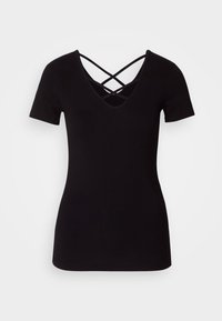 Camiseta negra de manga corta con un escote en V profundo y diseño de espalda cruzada. Material suave, forma ajustada y sin patrones visibles ni adornos.