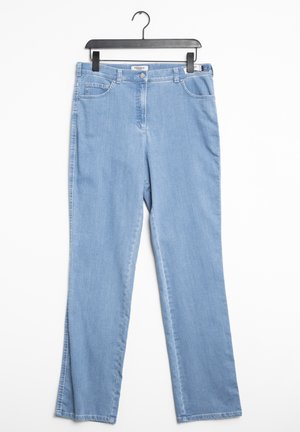 Jeans in denim azzurro chiaro su una gruccia nera, con un design a gamba dritta, tasche frontali e una chiusura con zip e bottone.
