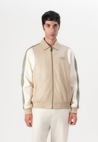 Beige Leder-Bomberjacke mit weißen und olivgrünen Ärmeln, gerippten Bündchen und einem Logo-Patch auf der Brust. Reißverschluss vorne.