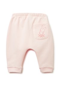 Světle růžové bavlněné tepláky s elastickým pasem, se zadní kapsou a jemnou grafikou králíka ve stejné barvě.