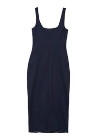 Vestito midi senza maniche di colore blu navy, con scollatura quadrata e silhouette aderente, dotato di una zip discreta sul retro. Texture liscia, senza motivi né accenti.