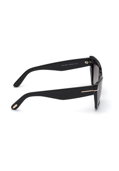 Gafas de sol negras con montura rectangular, con detalles dorados en las patillas y lentes oscuros con degradado. Material de plástico suave.