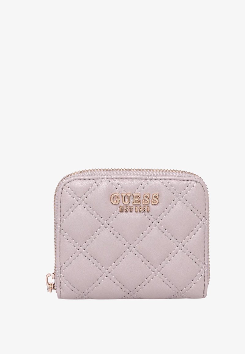 Portafoglio grigio trapuntato realizzato in materiale sintetico con chiusura a zip. Presenta hardware color oro e logo del marchio in rilievo sulla parte anteriore.