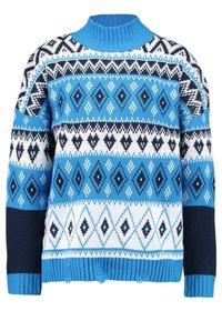 Blau-weißer gestrickter Pullover mit diamantförmigen Motiven, geripptem Hals- und Saumabschluss, mit blauen Akzenten an den Ärmeln und im unteren Bereich.