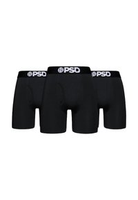 Melnu bokseršortu komplekts trīs gabalos, izgatavots no mīkstas auduma, cieši pieguļoša forma ar platu melnu jostu, uz kuras baltā krāsā redzams "PSD" logotips.