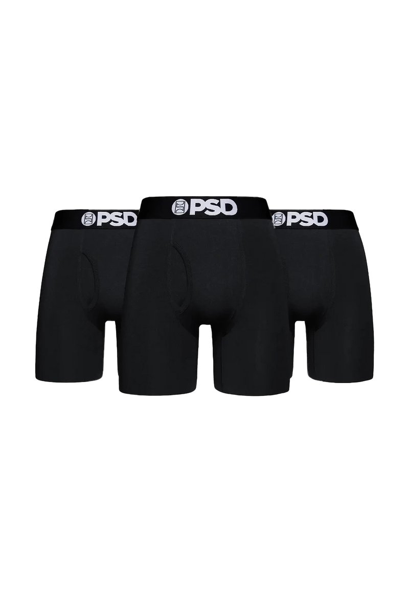 Melnu bokseršortu komplekts trīs gabalos, izgatavots no mīkstas auduma, cieši pieguļoša forma ar platu melnu jostu, uz kuras baltā krāsā redzams "PSD" logotips.