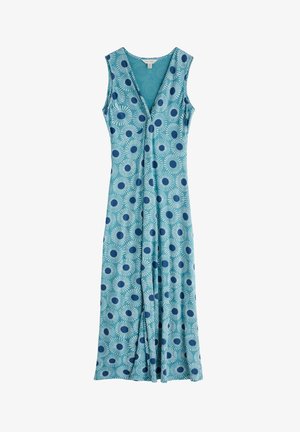 Abito senza maniche di colore turchese con scollatura a V, motivo astratto a pois blu scuro e un design fluido con un sottile dettaglio a pieghe.