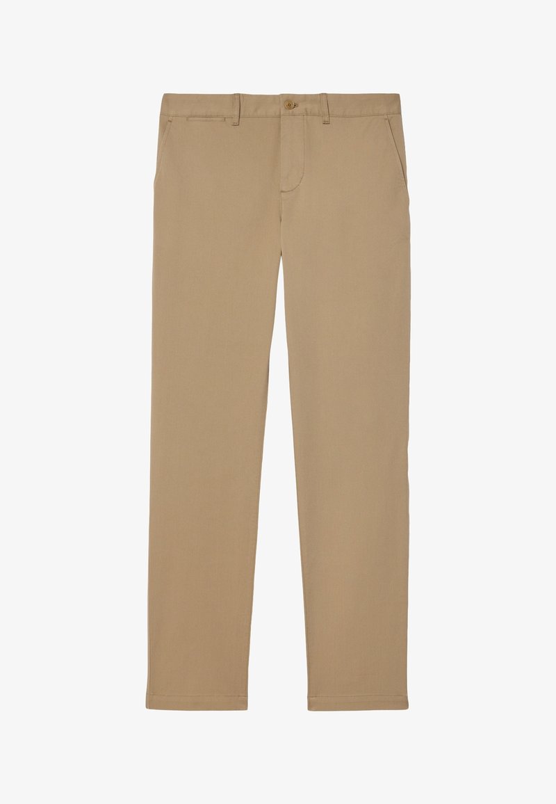 Pantalon beige à jambes droites avec passants de ceinture, fermeture par bouton et poches latérales, présenté à plat sur un fond blanc.