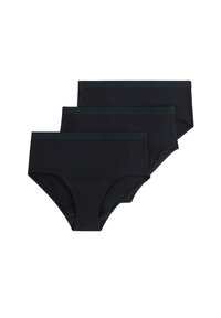 Svarta bomullskalsonger med en jämn textur, med en matchande midjeresår. Förpackningen innehåller tre par, varje med en klassisk design.