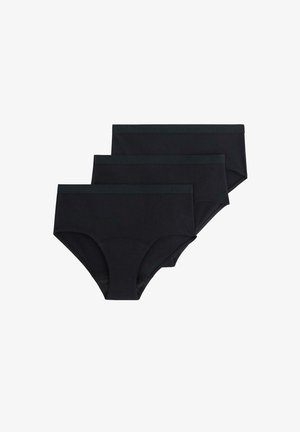Czarne bawełniane majtki o gładkiej fakturze, z dopasowanym pasem. Zestaw zawiera trzy pary, z każdą o klasycznym wzorze.