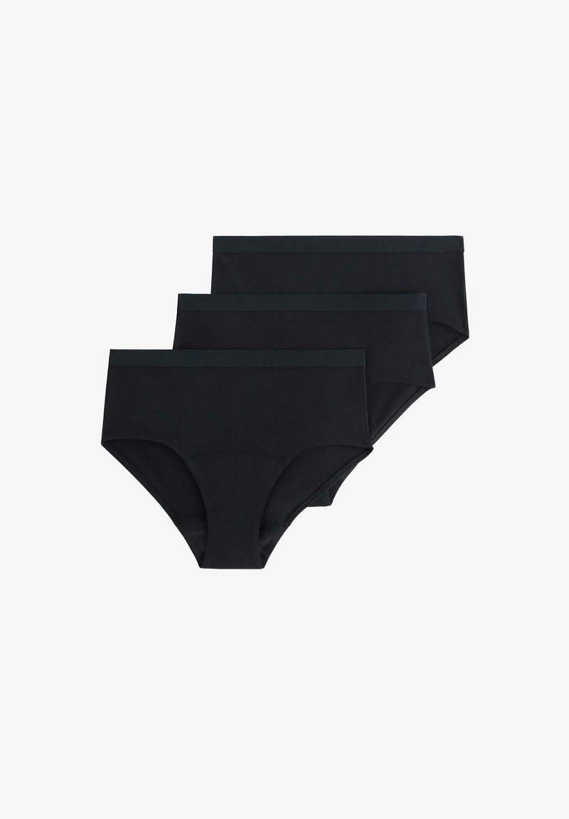 Svarta bomullskalsonger med en jämn textur, med en matchande midjeresår. Förpackningen innehåller tre par, varje med en klassisk design.