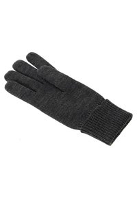 Guante de punto gris oscuro con puño acanalado, que presenta separaciones para los cinco dedos y una textura suave. El material parece caliente y elástico.