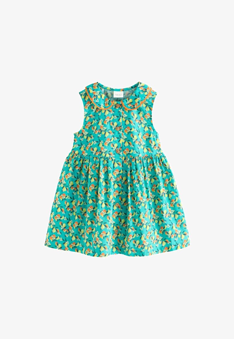 Ilma käisteta türkiissinine kleit, millel on lillemuster oranžis, kollases ja valges. Omab ümmargust kaelust ja esist nuppe.