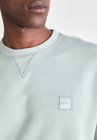 Close-up van een persoon in een lichtgroen sweatshirt met een gestikt "BOSS" logo patch op de borst.