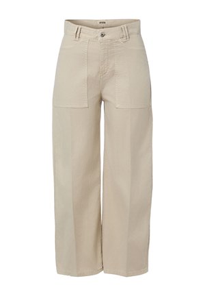 Pantalon beige à jambes larges, taille haute, poches plaquées devant, passants pour ceinture et fermeture par bouton.