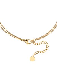 Gouden ketting met twee verstrengelde kettingen, een kreeftenhaak en een verstelbare schakel met een ronde hanger aan het einde.