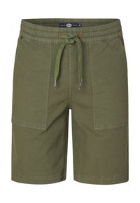 Olijfgroene shorts met een elastische tailleband, verstelbare koord, twee zijzakken en contrasterende stikseldetails.