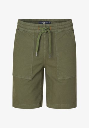 Olijfgroene shorts met een elastische tailleband, verstelbare koord, twee zijzakken en contrasterende stikseldetails.