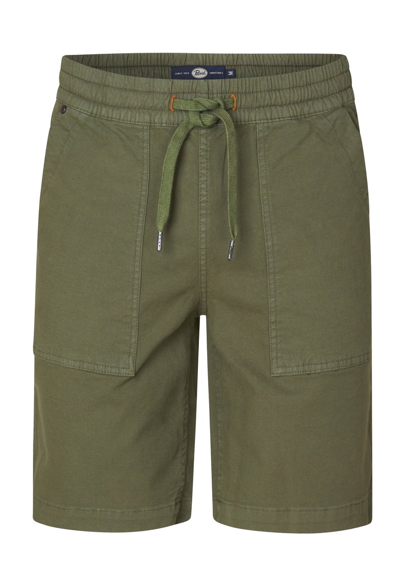 Olijfgroene shorts met een elastische tailleband, verstelbare koord, twee zijzakken en contrasterende stikseldetails.
