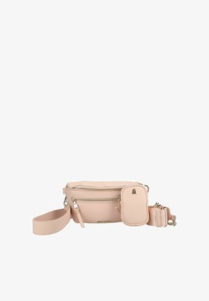 Lyserød læder bæltepose med to lynlåslommer og en justerbar rem, der har en lille tilhørende pung med logodetalje.