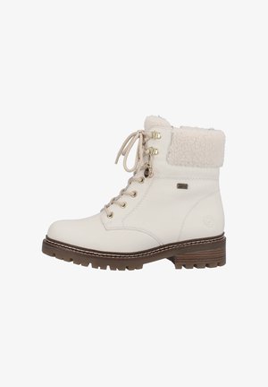 Weiße Leder-Stiefeletten mit einem Kragen aus Kunstfell, Schnürung vorne, goldfarbiger Hardware und einer strukturierten braunen Gummisohle.