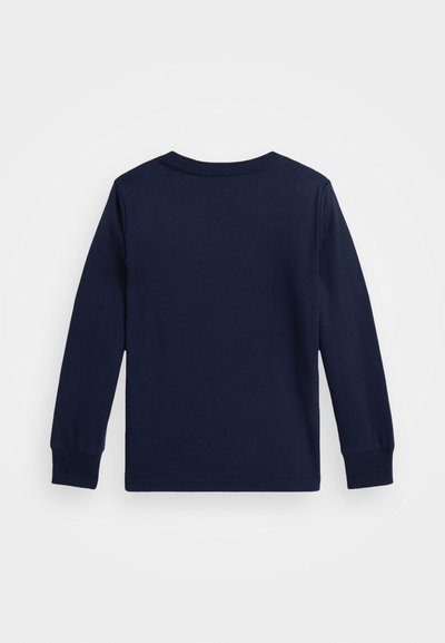 T-shirt en coton à manches longues de couleur bleu marine, avec un col rond, des poignets côtelés et une texture lisse, présentation de l'arrière uni.