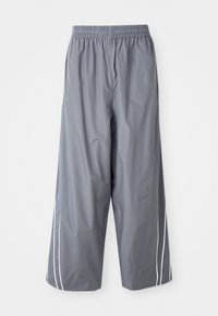 Gray, lightweight, synthetic wide-leg pants with an elastic waistband and white side stripes. Smooth texture with a casual design.