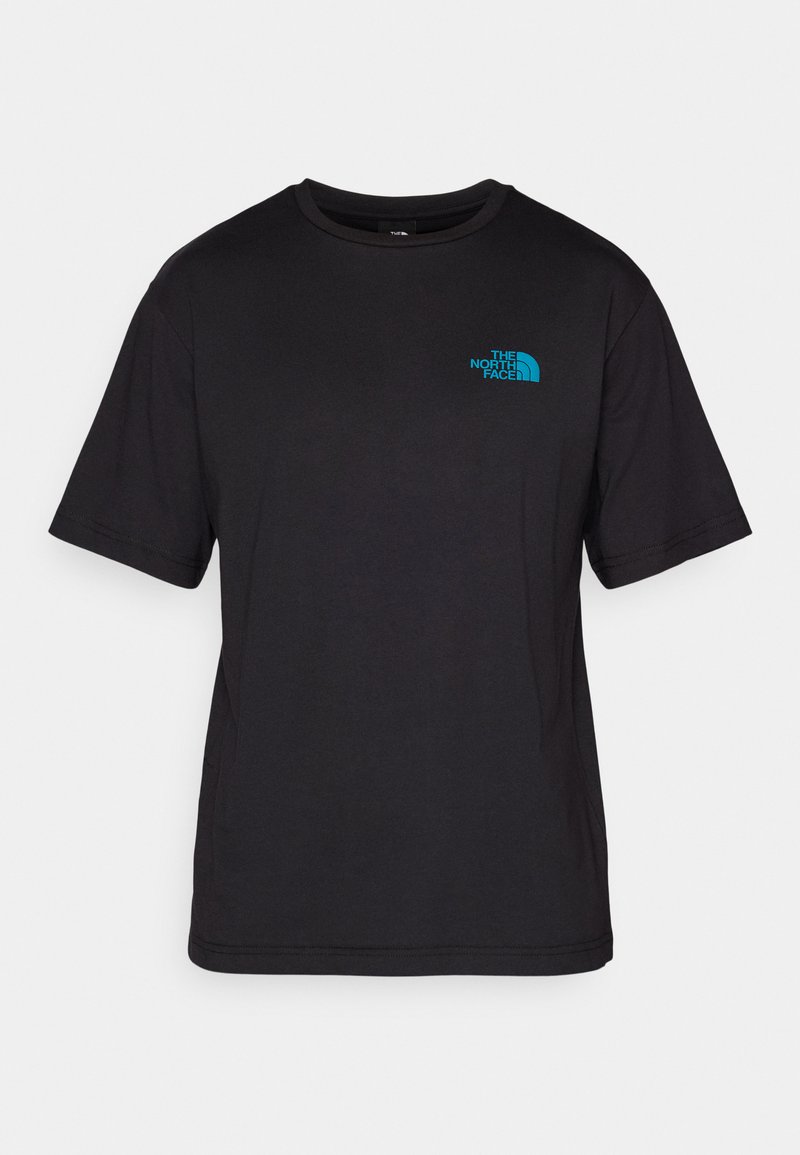 T-shirt en coton noir à manches courtes, avec un logo turquoise sur la partie gauche de la poitrine. Design simple à col rond.