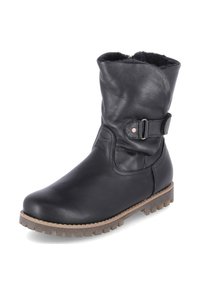 Bottine en cuir noir avec un bout rond, détail de boucle et semelle texturée. Elle possède une doublure douce et un design légèrement affaissé.