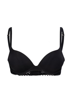 Reggiseno imbottito nero con spalline regolabili e rifinitura in pizzo lungo la fascia inferiore, mostrato su sfondo bianco.