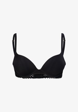 Sort polstret bh med justerbare stropper og blonderkant langs den nederste kant, vist mod en hvid baggrund.