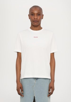 Weißes Baumwoll-T-Shirt mit rundem Ausschnitt und kurzen Ärmeln, auf der Brust mit rotem Text "holowiser" bedruckt. Einfaches, lässiges Design.
